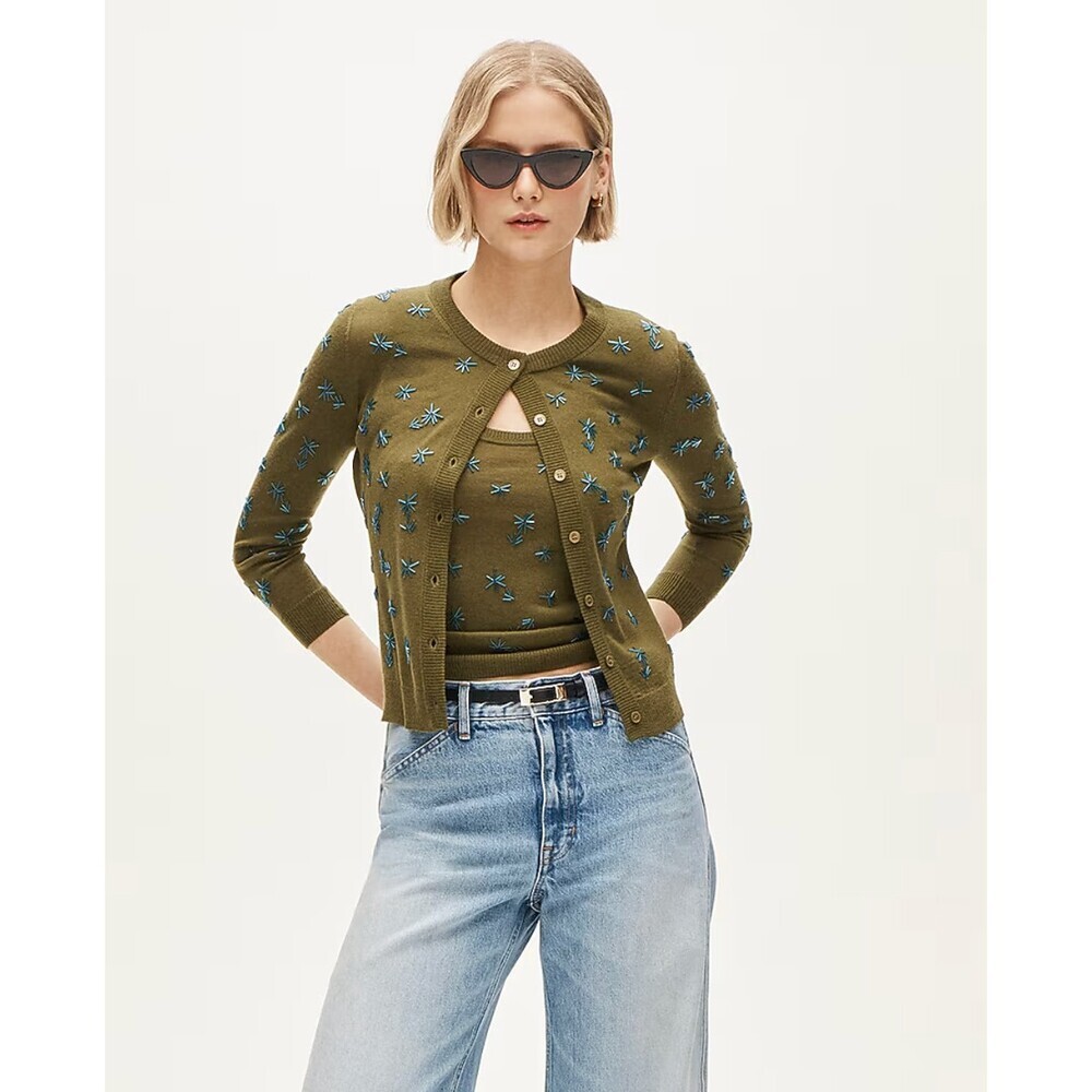 J Crew Collection NWT Crewneck Cardigan in Merino Wool Olive Embellished Small